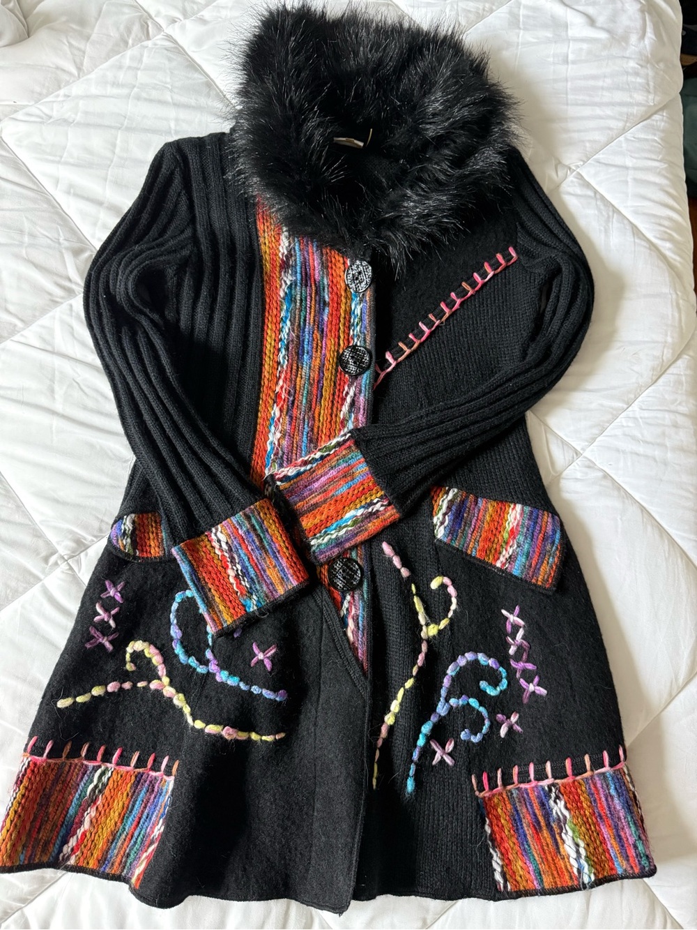 SIONI Y2K Black Embroidered Faux Fur Boho Sweater Coat Cardigan M